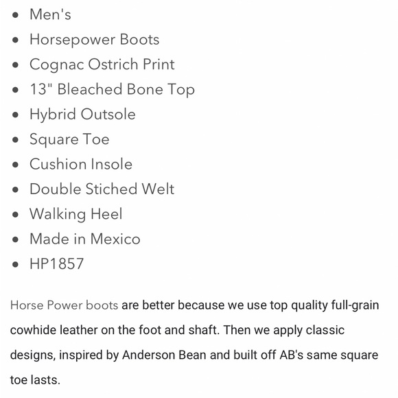 Men's Horse Power Cognac Impostrich 13in. Bleached Bone Top Square Toe Boot-USED - Picture 11 of 11